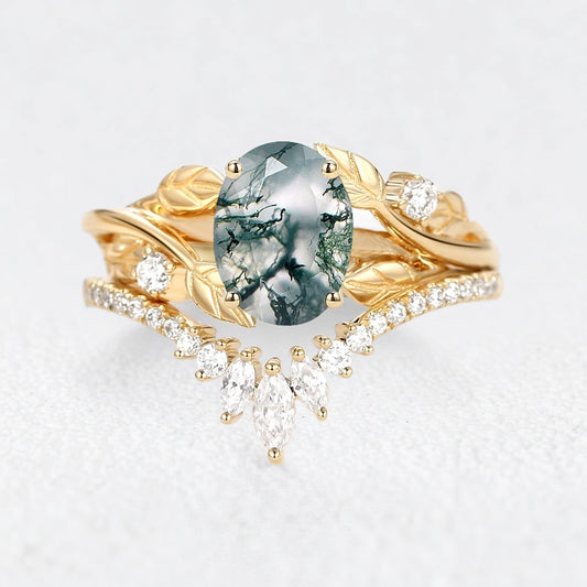 Sylvie’s Canopy | Oval Cut Moss Agate Leafy Bridal Set 2pcs