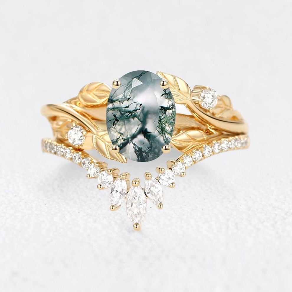 Sylvie’s Canopy | Oval Cut Moss Agate Leafy Bridal Set 2pcs