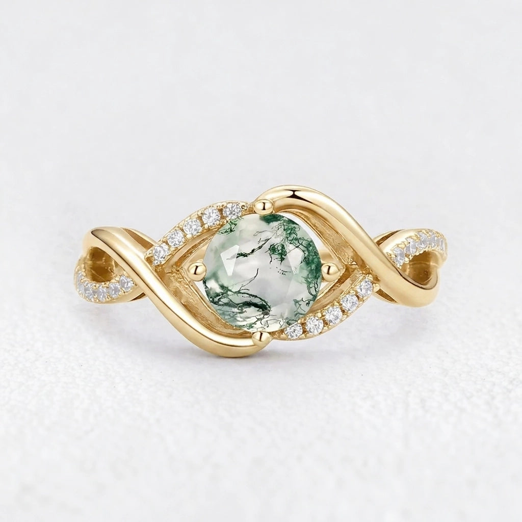 Classic Infinity Round Cut Moss Agate Engagement Ring.
