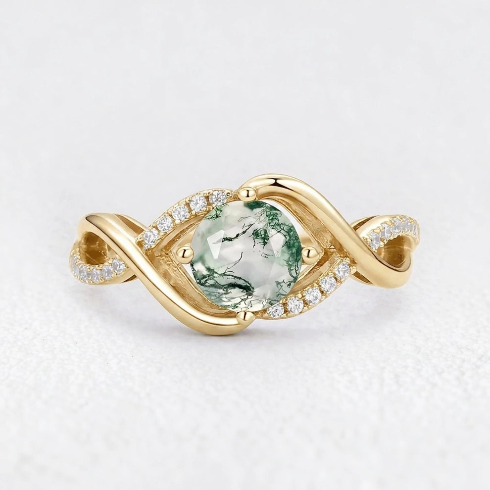 Classic Infinity Round Cut Moss Agate Engagement Ring.