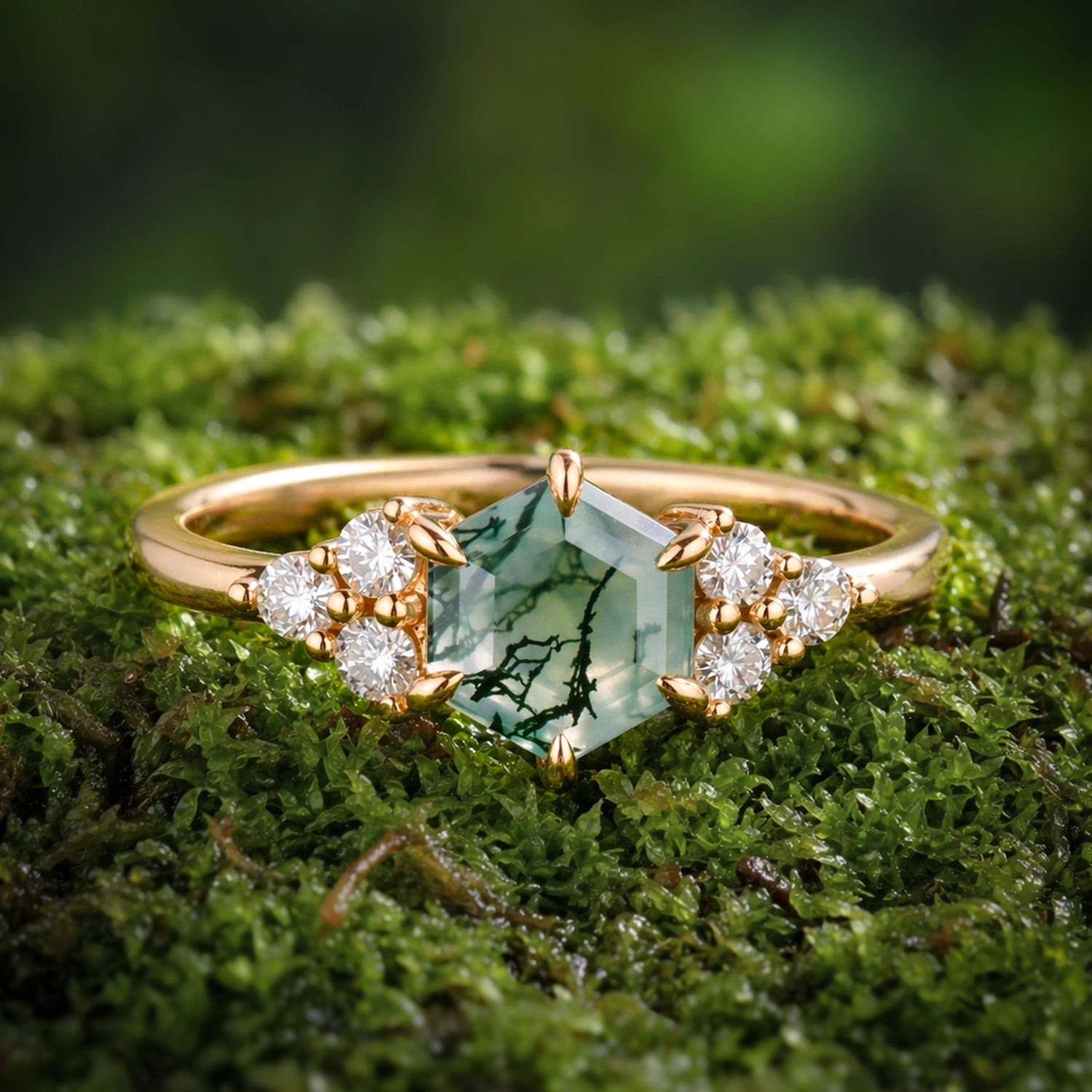 Sylvie’s Hexagon | Moss Agate Three Stone Cluster Engagement Ring.