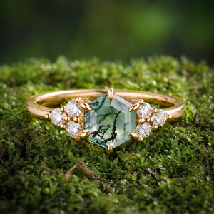 Sylvie’s Hexagon | Moss Agate Three Stone Cluster Engagement Ring.