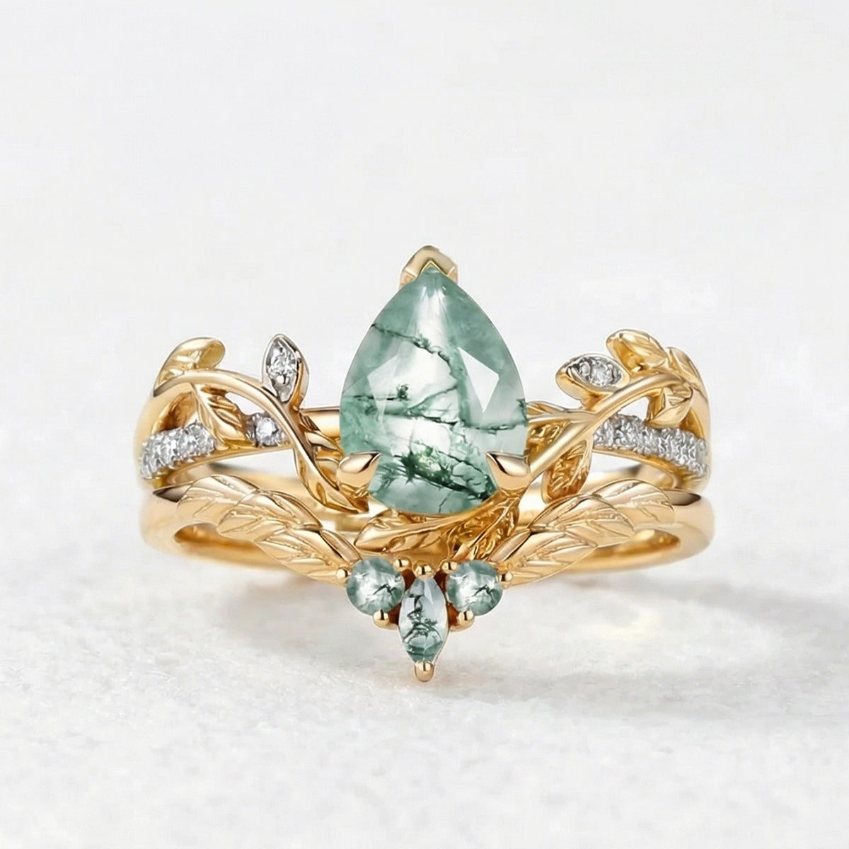 Juniper’s Copse | Pear Cut Moss Agate Cluster Couple Ring Set.