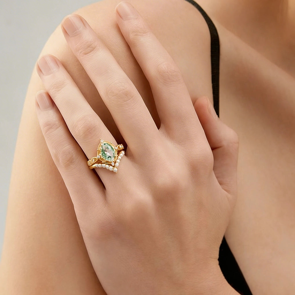Sylvie’s Pearl | Oval Cut Moss Agate &amp; Slate Vintage Gold Bridal Set 2pcs.