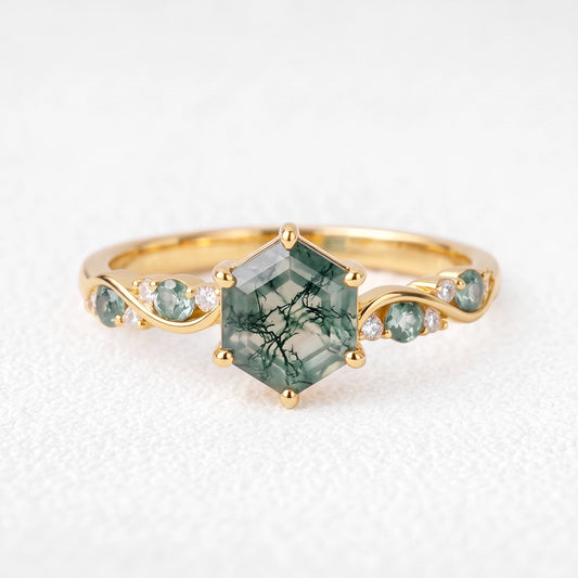 Flora’s Sprig | Hexagon Cut Moss Agate Botanical Engagement Ring
