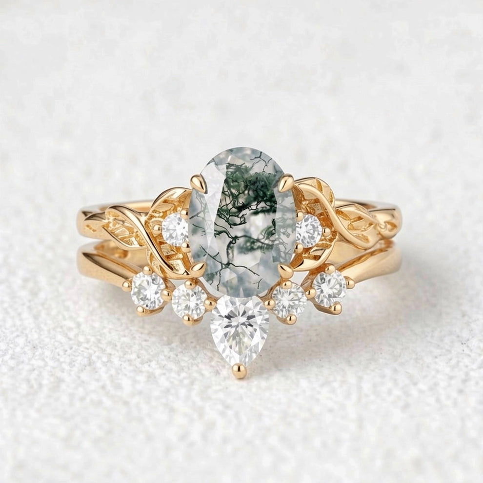 Aurelia’s Grove | Oval Moss Agate & Moissanite Leafy Ring Set 2pcs.