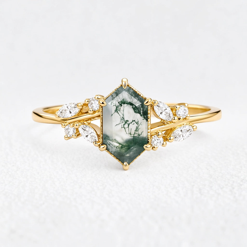 Genevieve’s Grove | Vintage Hexagon Moss Agate Engagement Ring