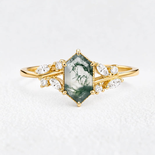 Genevieve’s Grove | Vintage Hexagon Moss Agate Engagement Ring