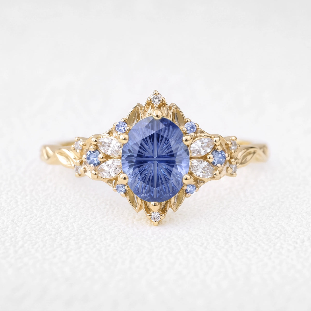 Rosalind’s Cerulean | 1CT Fantasy-Cut Oval Cornflower Sapphire Filigree Engagement Ring