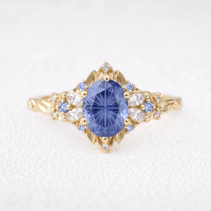 Rosalind’s Cerulean | 1CT Fantasy-Cut Oval Cornflower Sapphire Filigree Engagement Ring