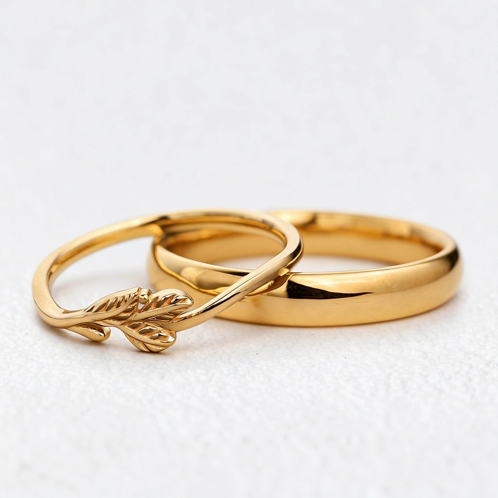 The Minimalist Pair – Classic & Leaf Designs in Polished Wedding Bands.