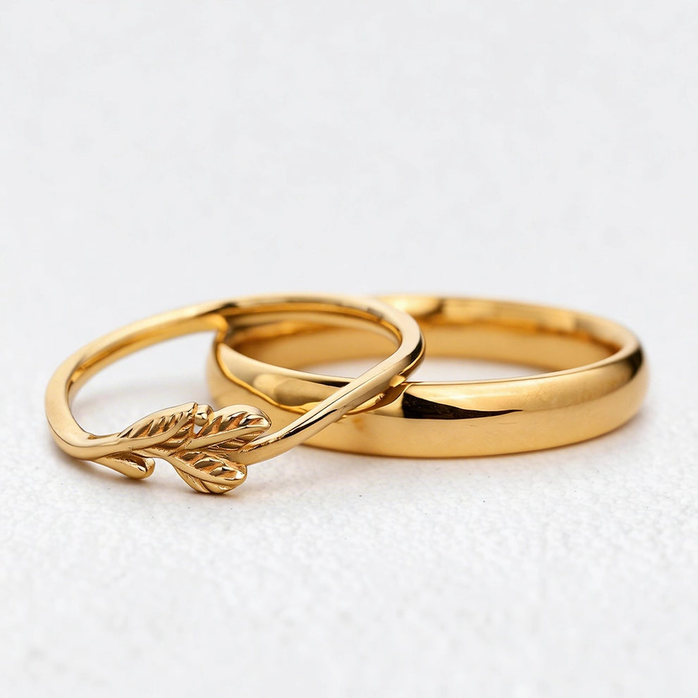 The Minimalist Pair – Classic & Leaf Designs in Polished Wedding Bands.