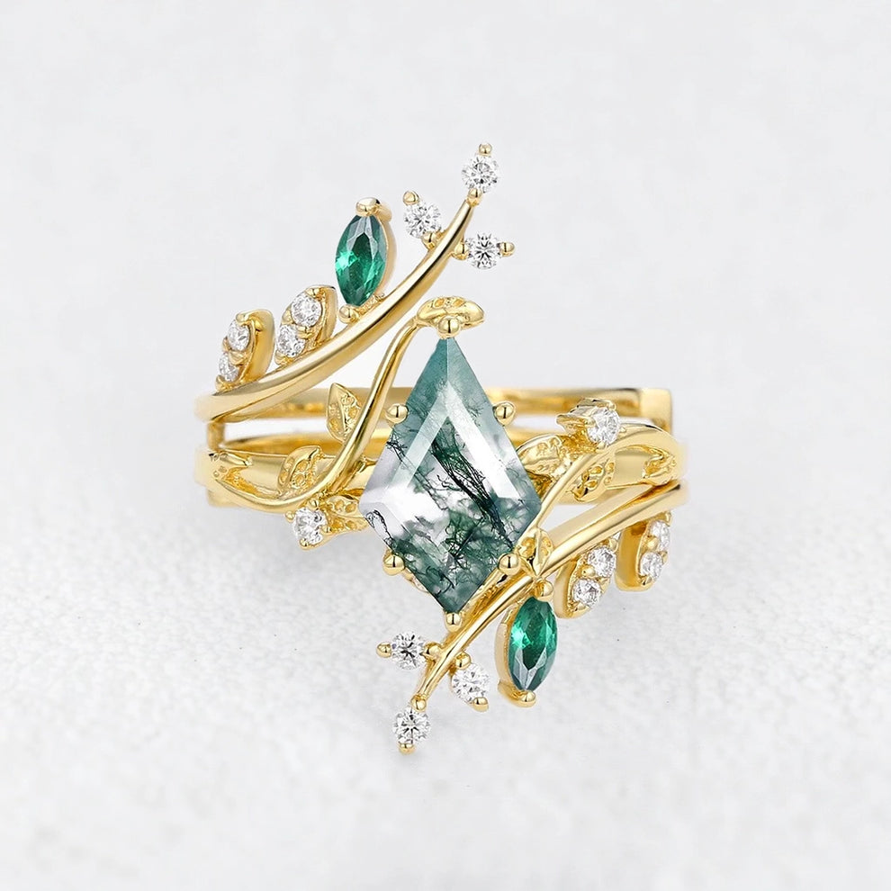 Sylvie’s Enclave | Kite Cut Moss Agate & Emerald Cage Leafy Bridal Set 2pcs