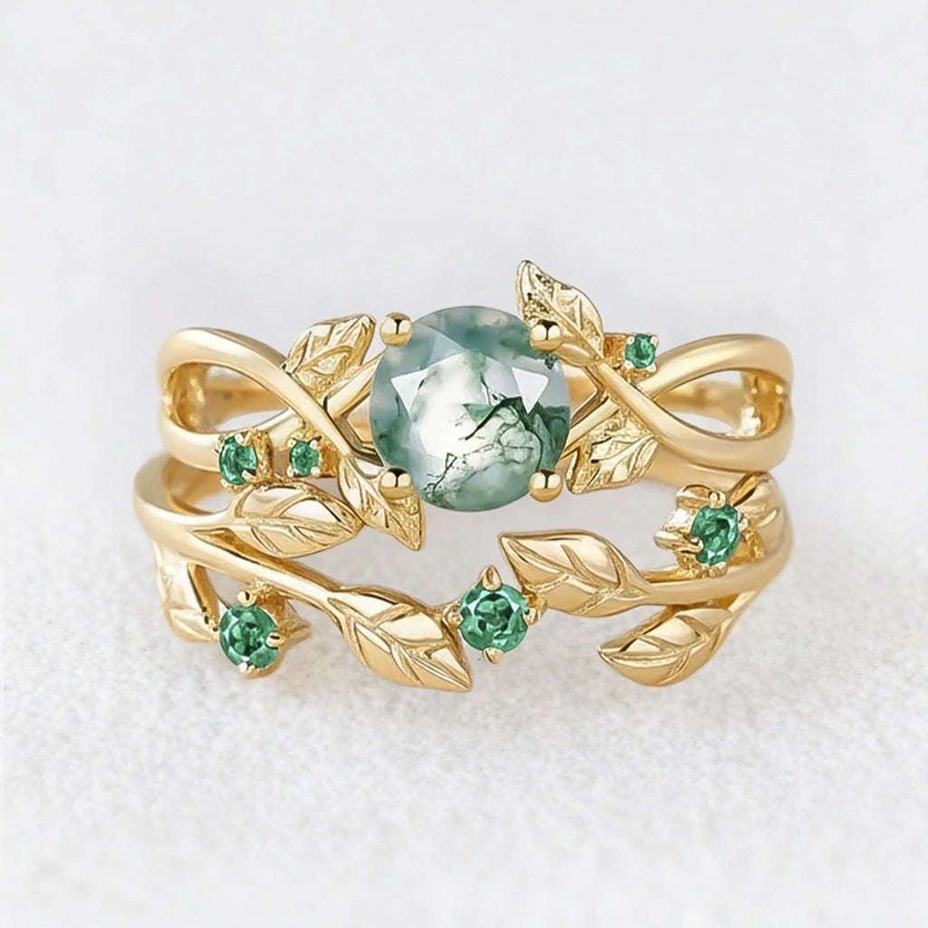 Nature Inspired Round Cut Moss Agate & Emerald Bridal Set.