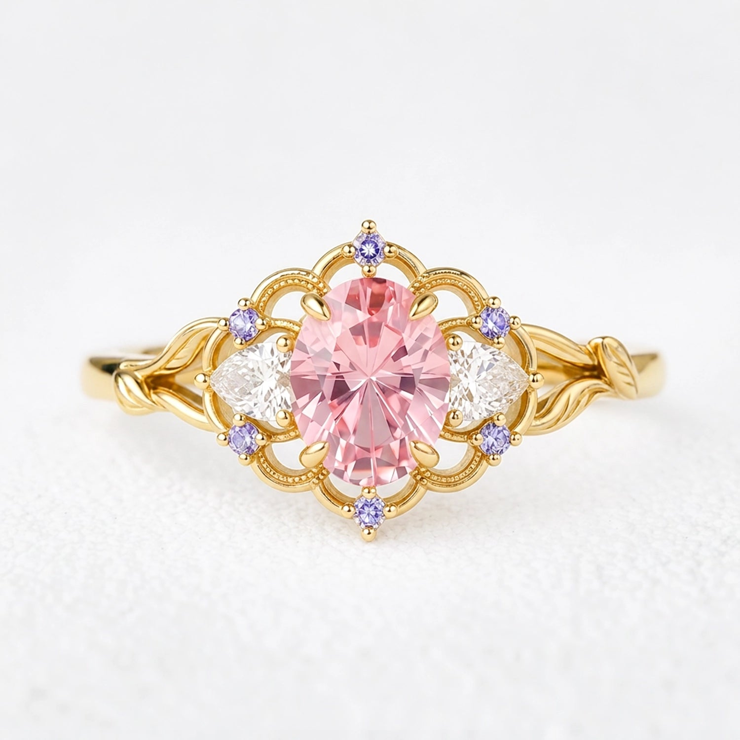 Aurora’s Lotus | Oval Padparadscha Sapphire Vintage Engagement Ring