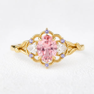 Aurora’s Lotus | Oval Padparadscha Sapphire Vintage Engagement Ring