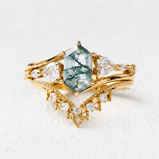 Alexandra’s Heritage | Hexagon Moss Agate Art-Deco Bridal Duo