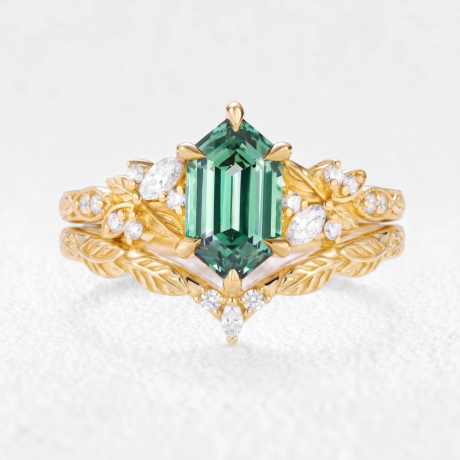 Sylvia’s Heartwood | Hexagon Cut Lab Green Sapphire Foliage Bridal Duo