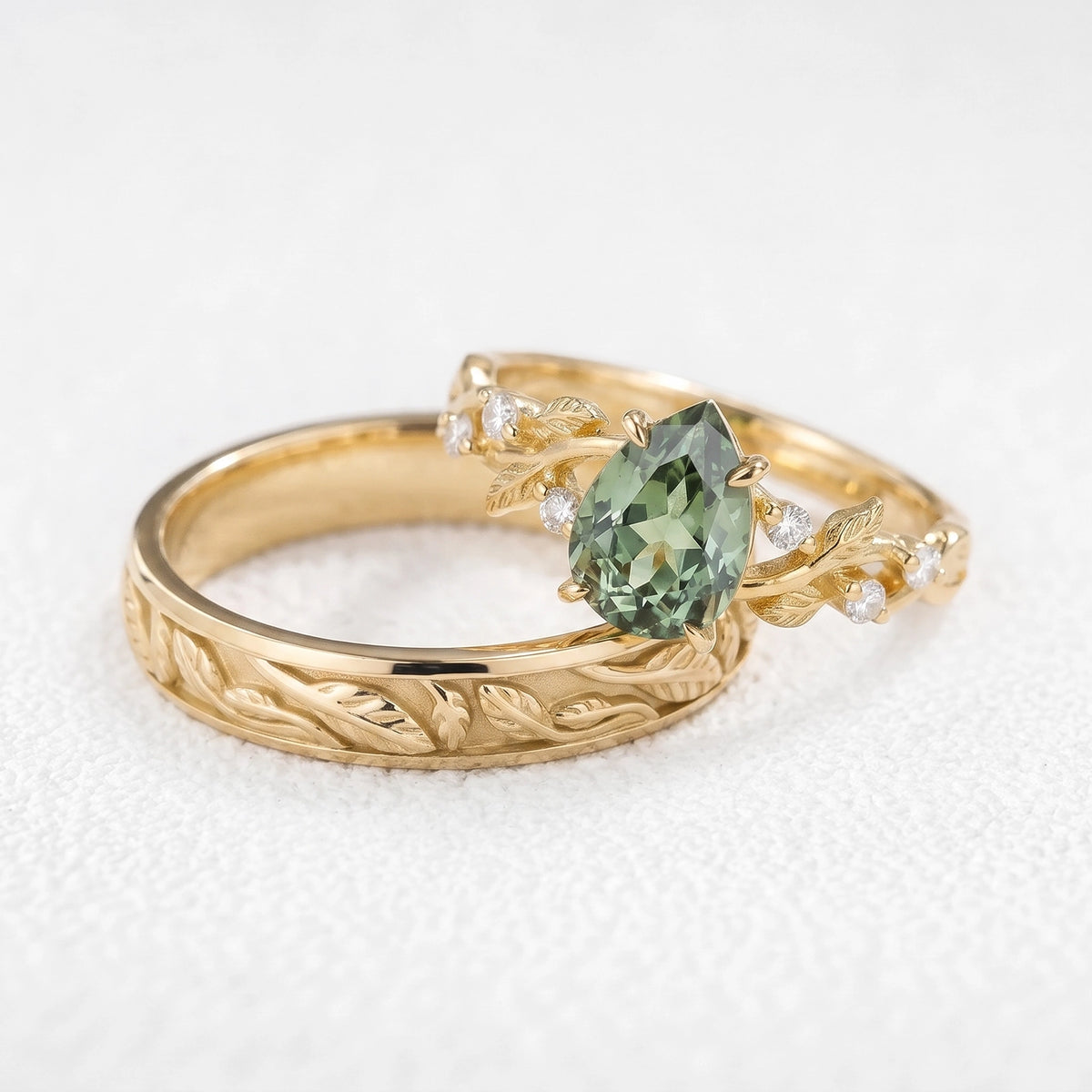 Sylvie‘s Verdure | 1.3CT Green Sapphire & Maple Leaf Couple Set