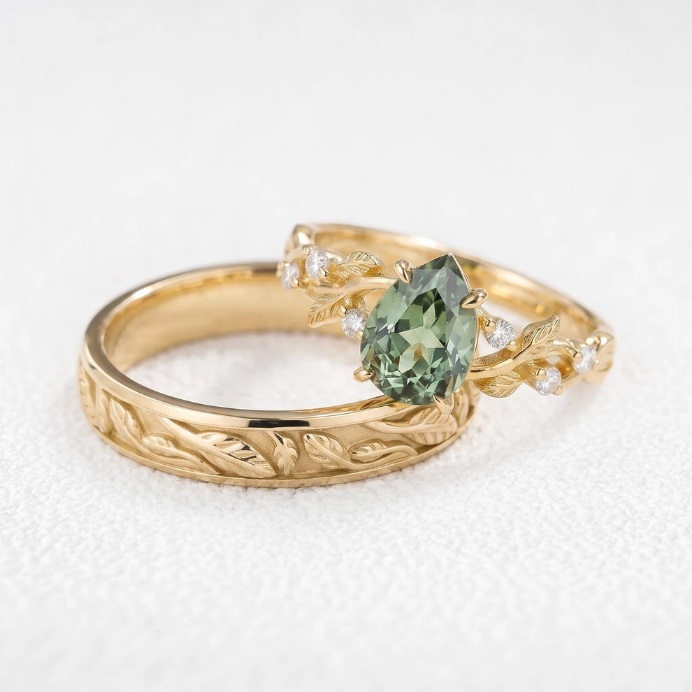 Sylvie‘s Verdure | 1.3CT Green Sapphire & Maple Leaf Couple Set