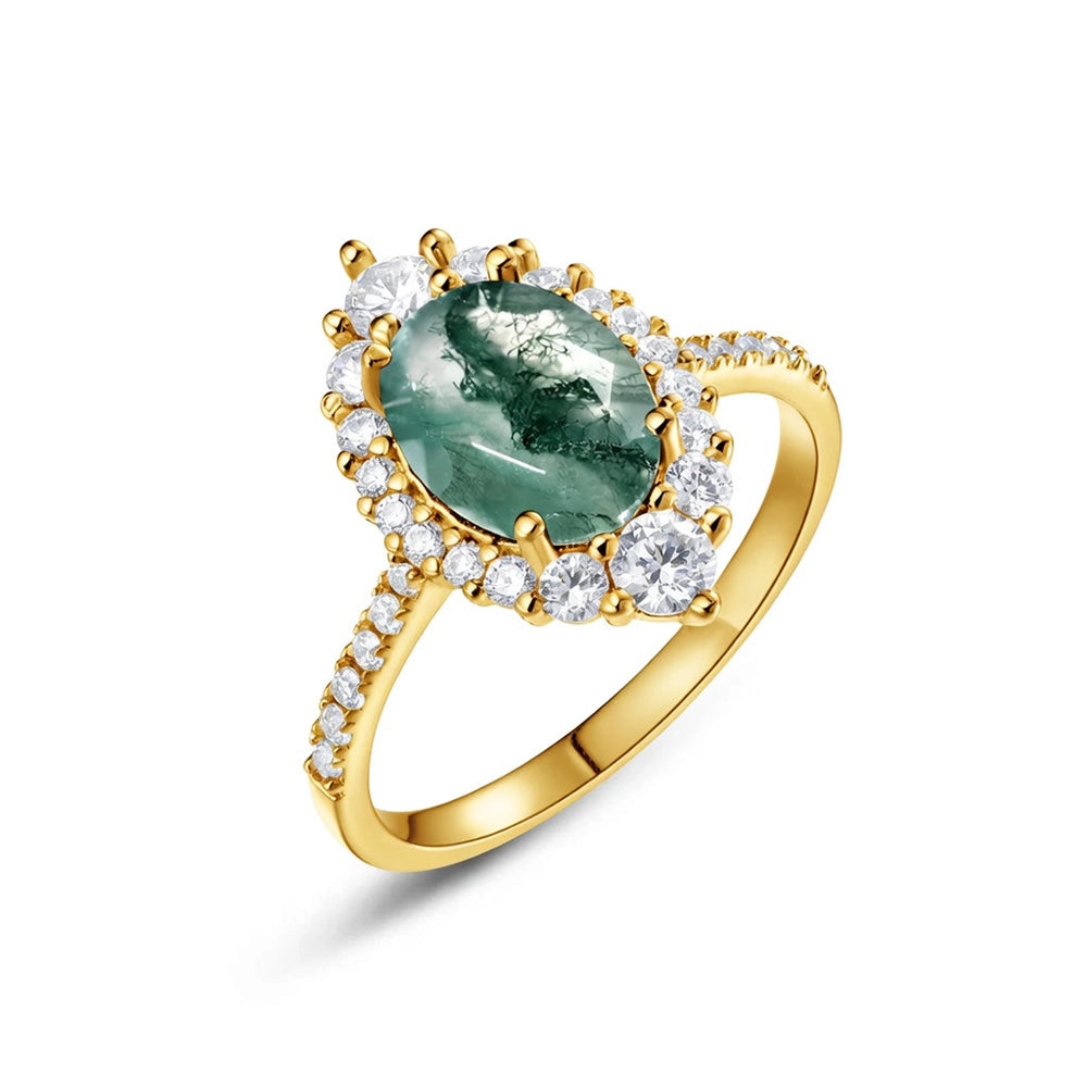 Sylvie’s Dew | Oval Moss Agate Engagement Ring with Diamond Halo & Band Accents.