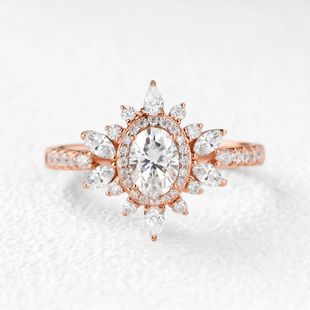 Verdana’s Nimbus | Oval Moss Agate Halo  Engagement Ring.