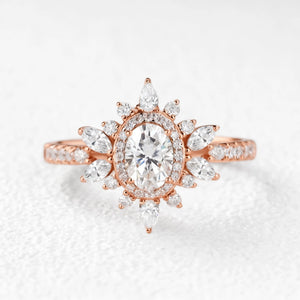 Verdana’s Nimbus | Oval Moss Agate Halo  Engagement Ring