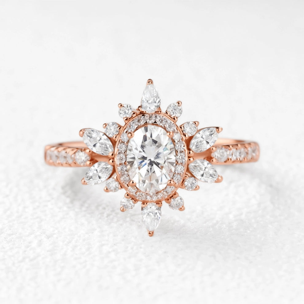 Verdana’s Nimbus | Oval Moss Agate Halo  Engagement Ring.