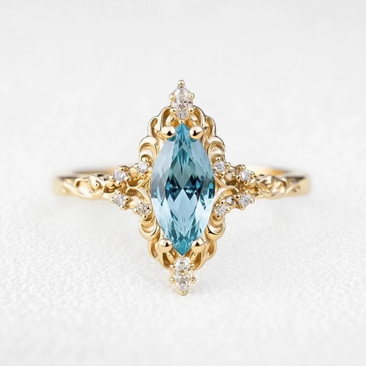 Aurora’s Filigree | Marquise Aquamarine Engagement Ring