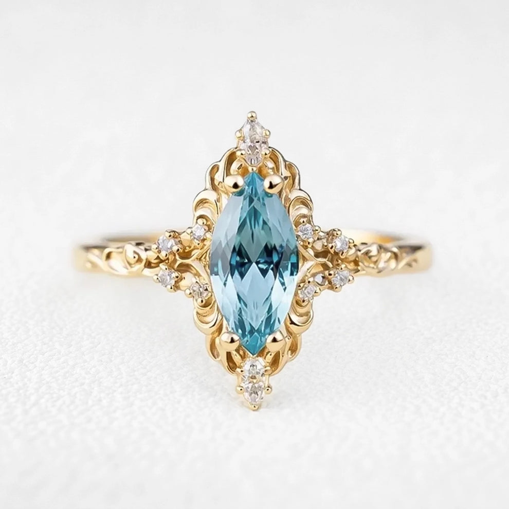Aurora’s Filigree | Marquise Aquamarine Engagement Ring