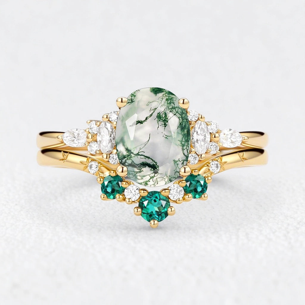 Seraphina’s Harmony | Oval Moss Agate & Lab Emerald Bridal Duo