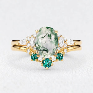 Seraphina’s Harmony | Oval Moss Agate & Lab Emerald Bridal Duo