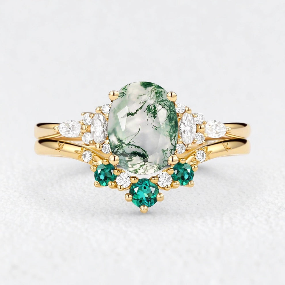 Seraphina’s Harmony | Oval Moss Agate & Lab Emerald Bridal Duo