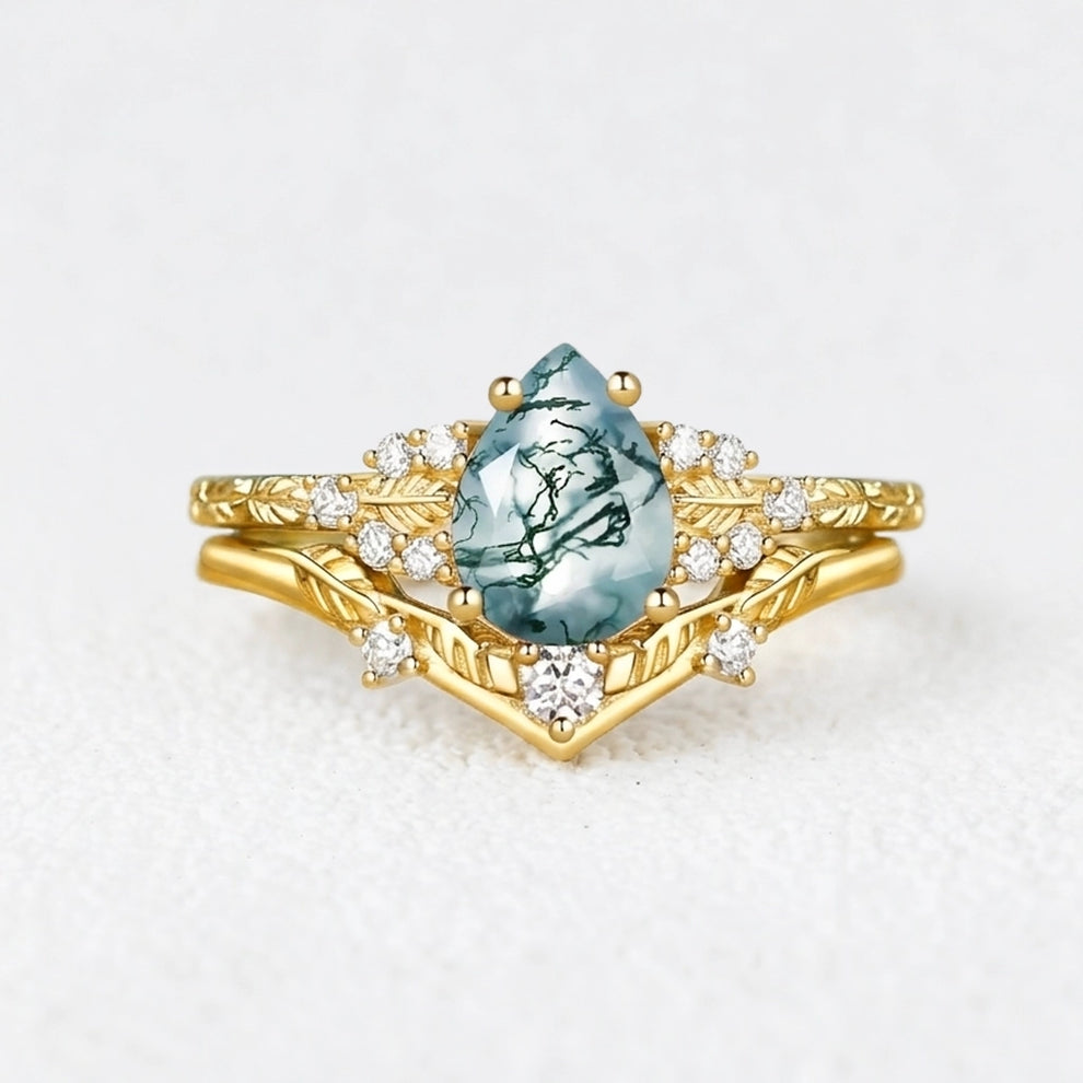 Hortense  Leaf Nature Inspired Pear Cut Moss Agate Engagement Ring Set 2pcs.
