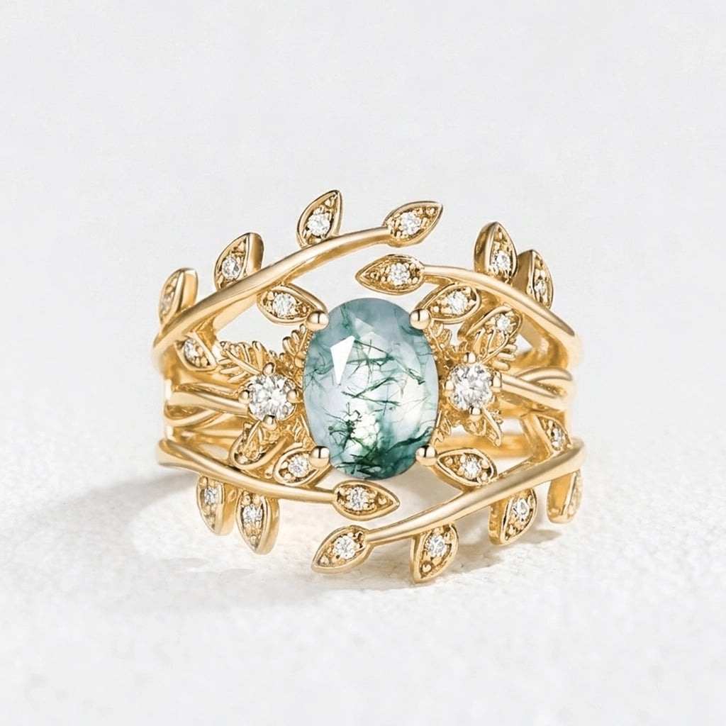 Léonie Oval Cut Moss Agate Leafy Enhancer Ring Set 2pcs.