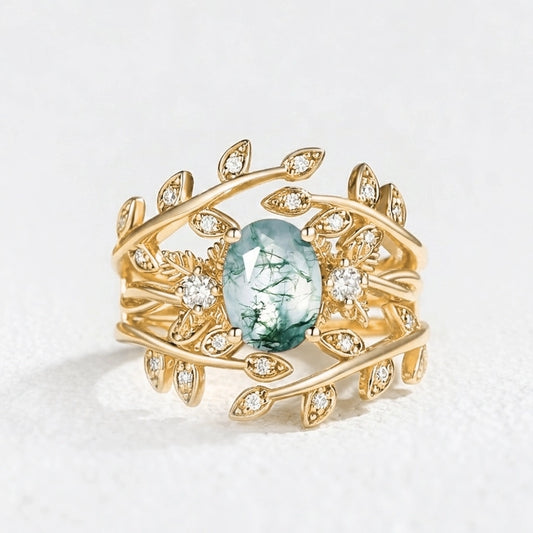 Léonie Oval Cut Moss Agate Leafy Enhancer Ring Set 2pcs.
