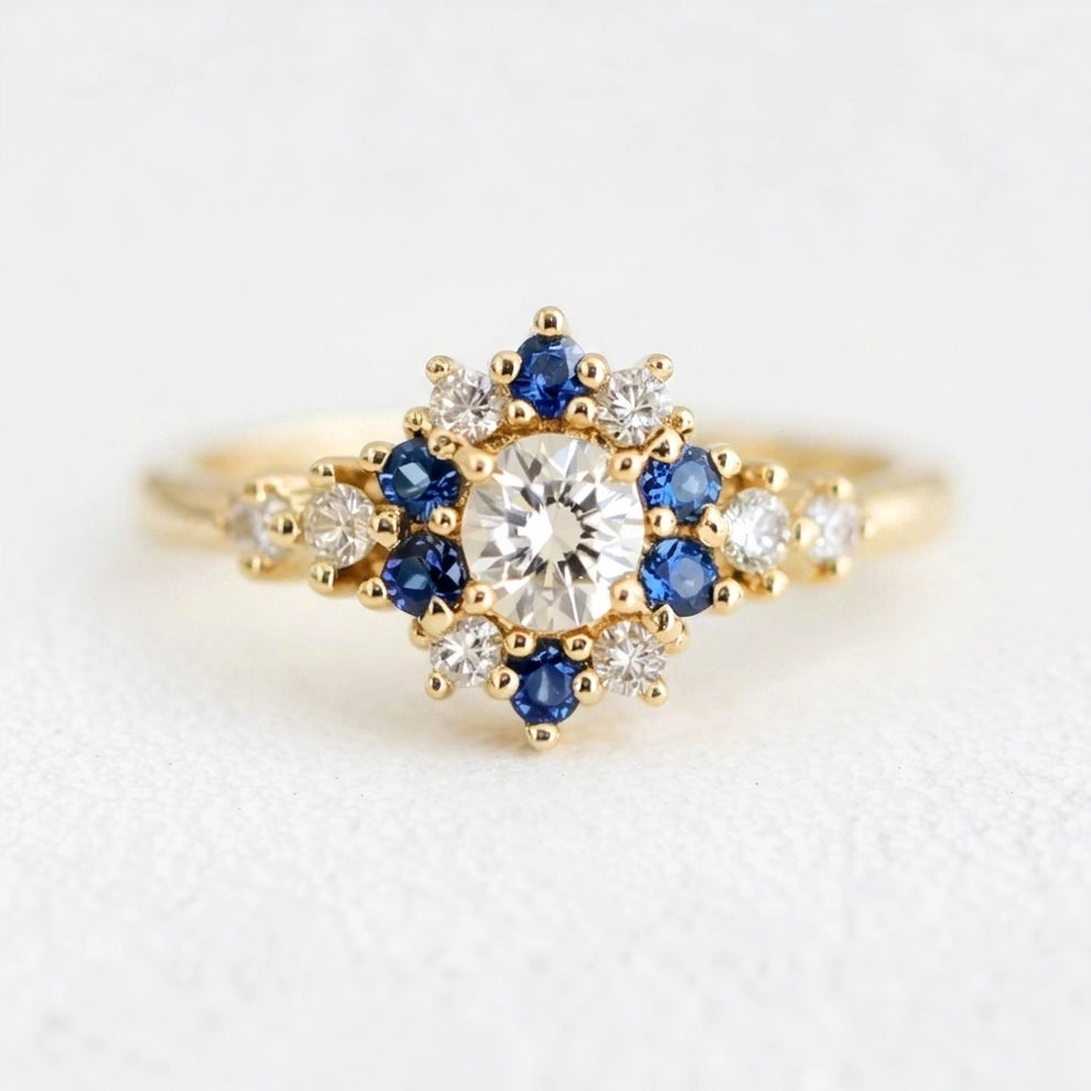 Vivienne’s Blossom | White & Blue Sapphire Engagement Ring.