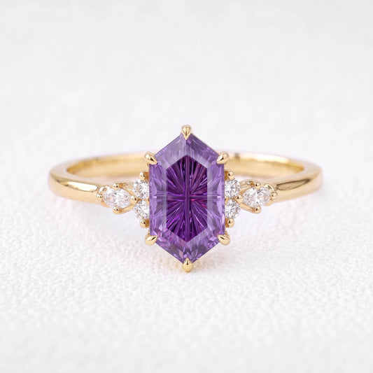 Eleanor’s Velvet | Hexagon Fantasy-Cut Amethyst Cluster Engagement Ring