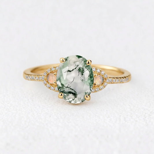 Sylvia’s Verdure | Oval Cut Moss Agate Engagement Ring