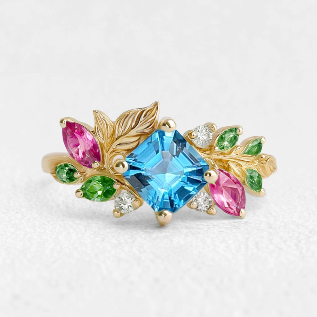 Aurora’s Leafwhisper | Swiss Blue Asscher Cut Topaz Nature Inspired Leafy Engagement Ring.