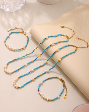 Handcrafted Boho Turquoise & Pearl Beaded necklace