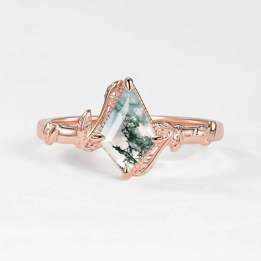 Delphine’s Twine | Kite Cut Moss Agate Leafy Engagement Ring.