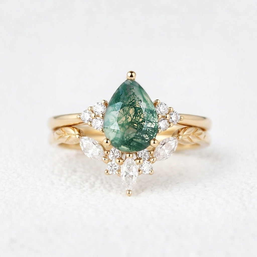Clarissa Unique Moss Agate Engagement Ring Set 2pcs.