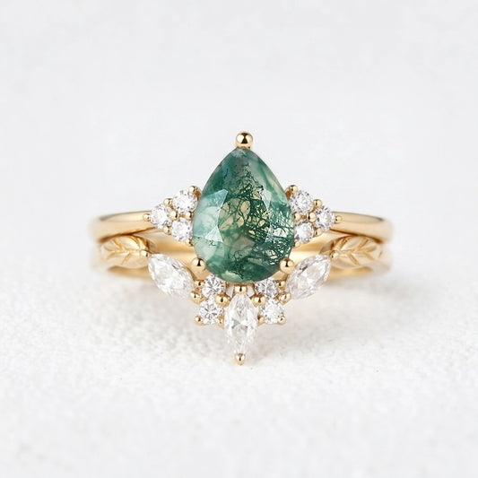 Clarissa Unique Moss Agate Engagement Ring Set 2pcs.