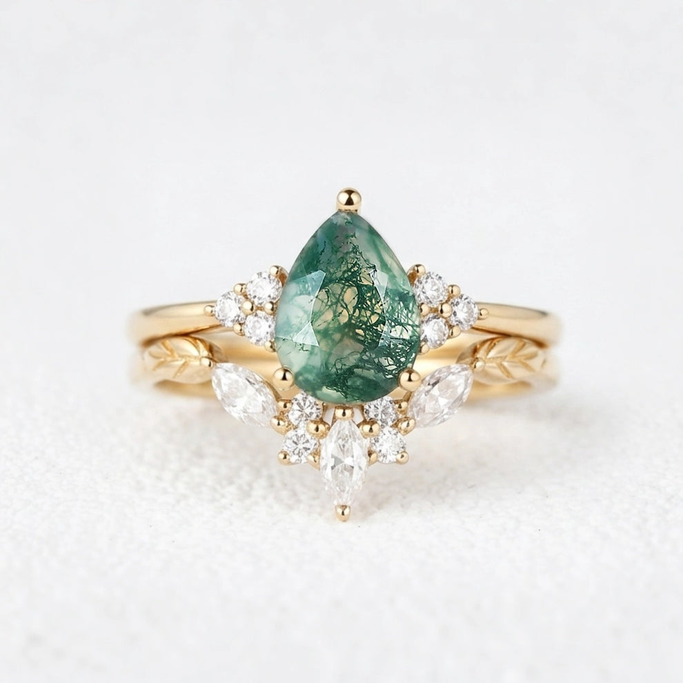Clarissa Unique Moss Agate Engagement Ring Set 2pcs.