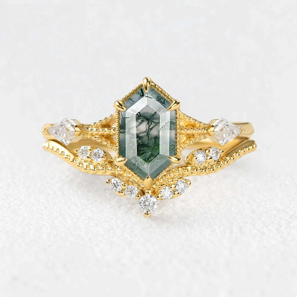 Genevieve’s Grove | Vintage Hexagon Moss Agate Bridal Duo
