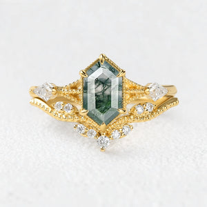 Genevieve’s Grove | Vintage Hexagon Moss Agate Bridal Duo