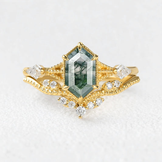 Genevieve’s Grove | Vintage Hexagon Moss Agate Bridal Duo