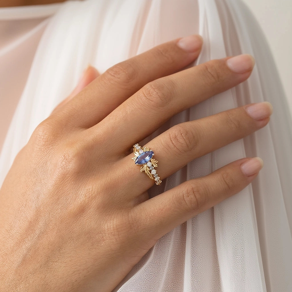 Aurora’s Fairy Wing | Marquise Natural Sapphire Vintage Bridal Set 2pcs.
