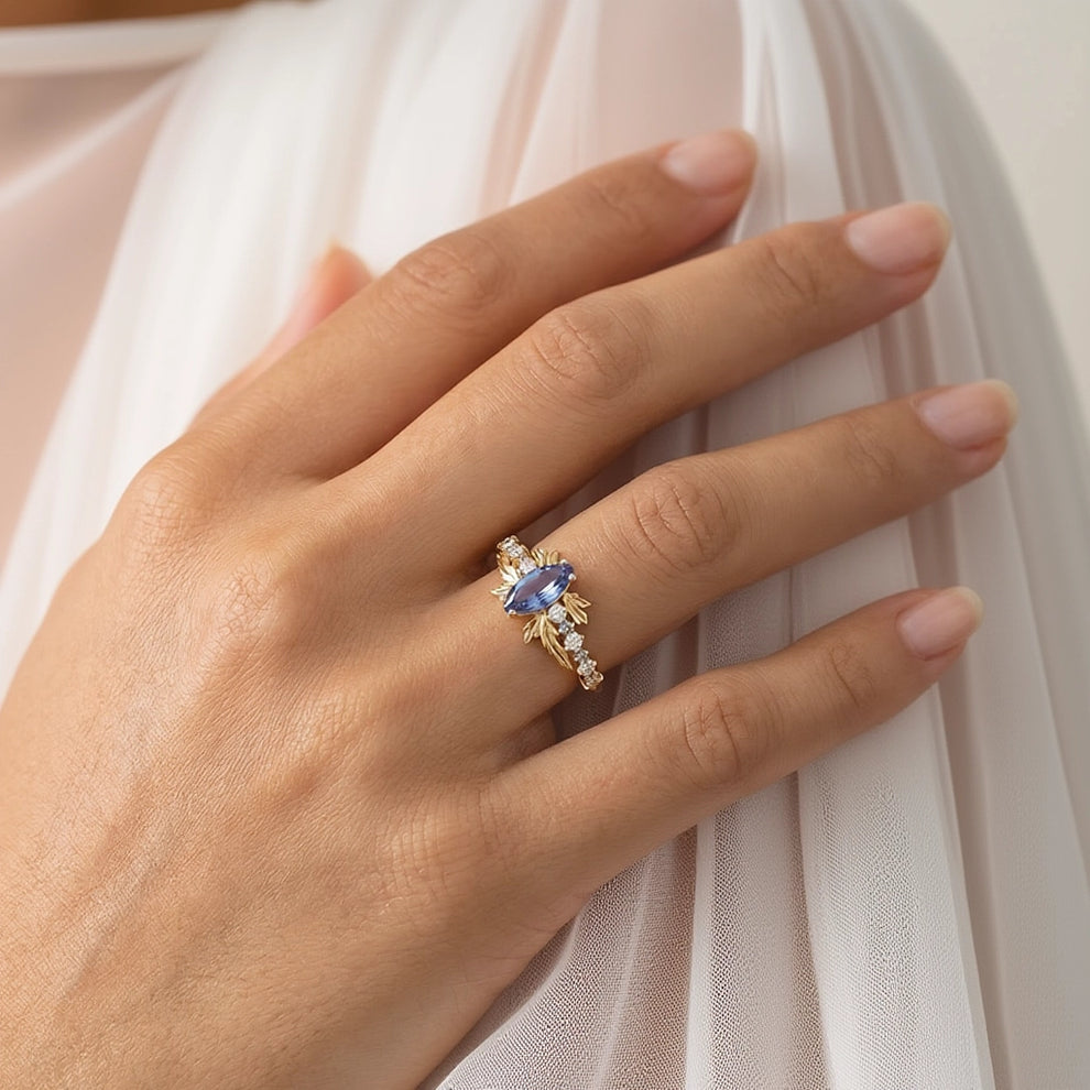 Aurora’s Fairy Wing | Marquise Natural Sapphire Vintage Bridal Set 2pcs.
